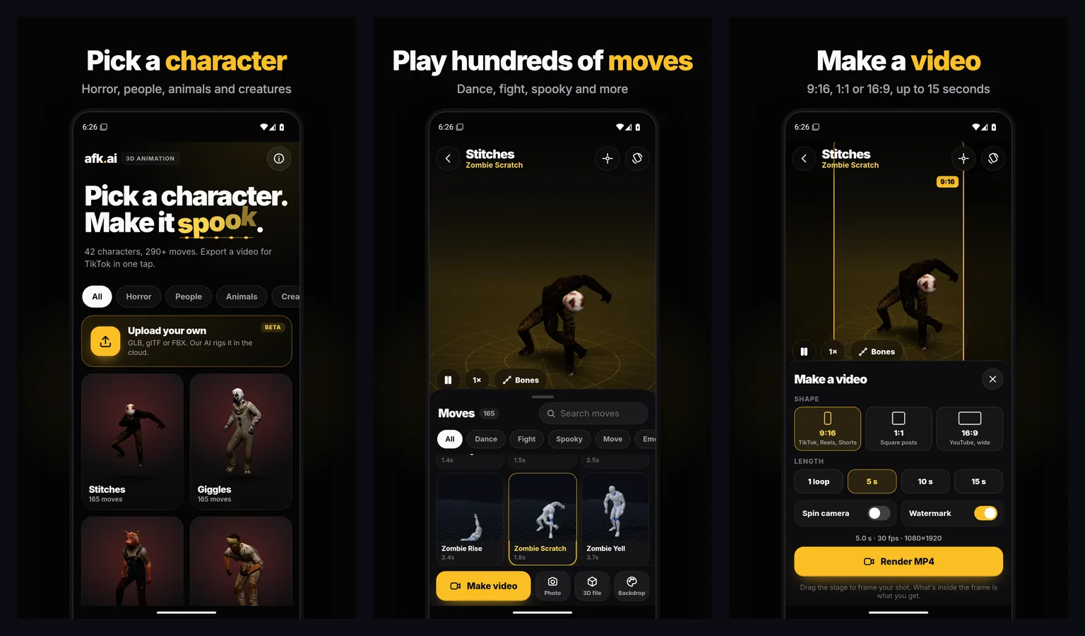 AFK AI on Android: the character picker, the moves list on a zombie character, and the video maker with its 9:16, 1:1 and 16:9 shapes