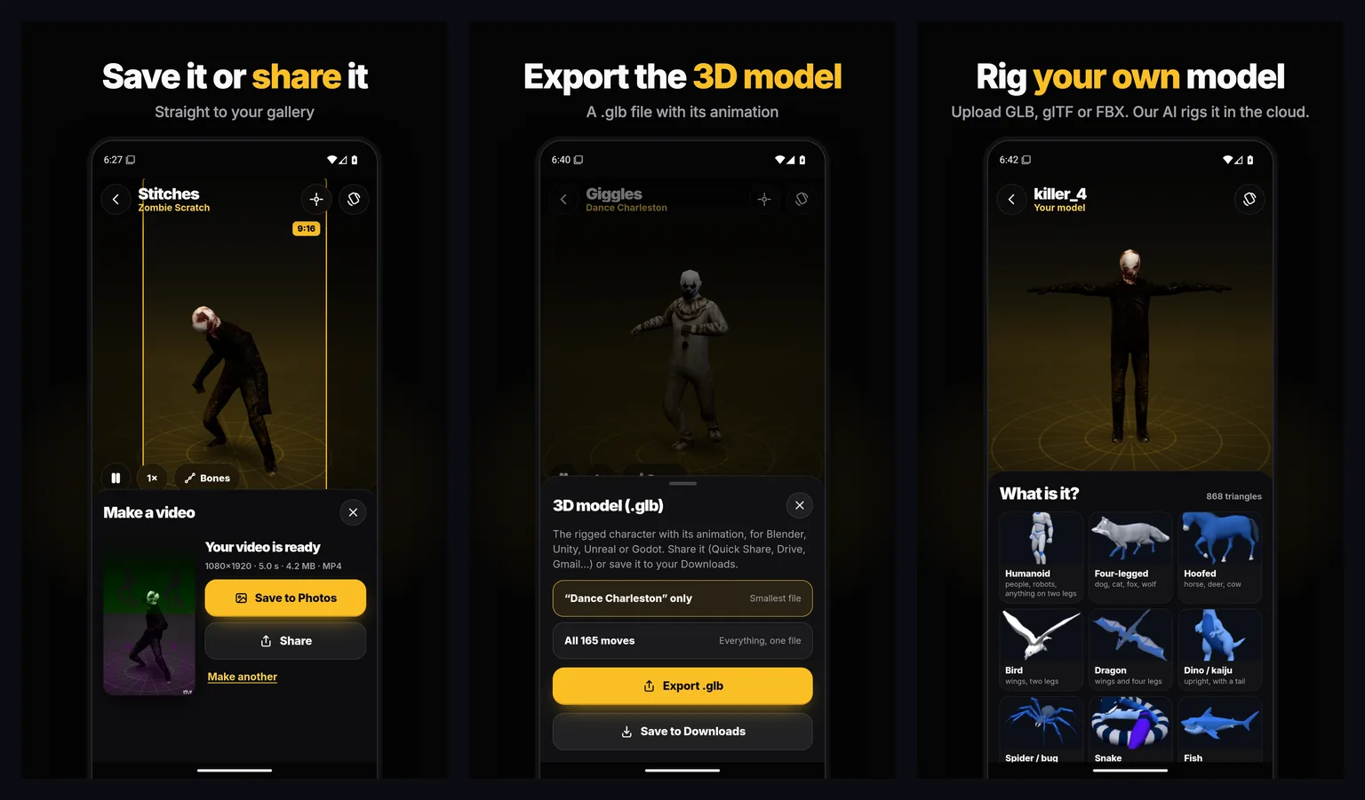 AFK AI on Android: a finished video ready to save or share, exporting a character as a .glb 3D model, and choosing what an uploaded model is before the AI rigs it